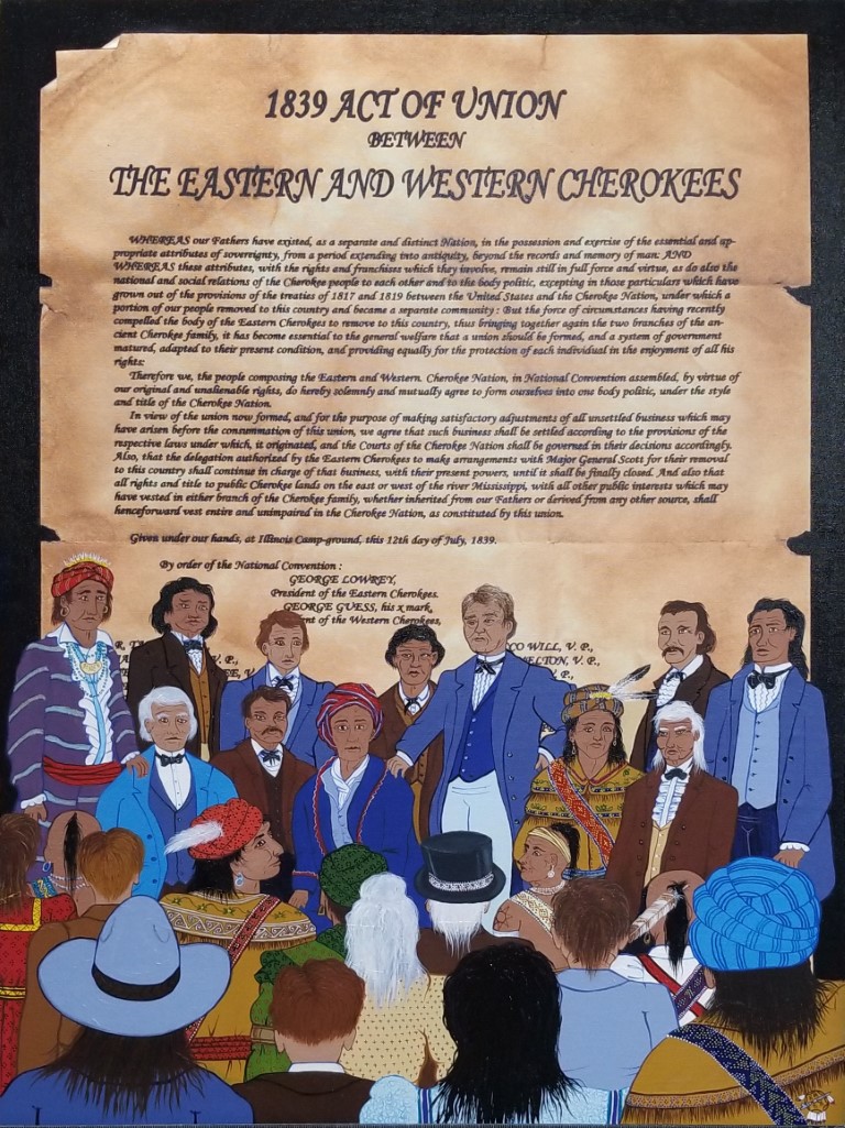 October 1839, a new constitution for the Cherokee nation was drafted and adopted. John Ross was elected principal chief, and a convention of Old Settlers meeting at Fort Gibson in 1840 approved the constitution. 
